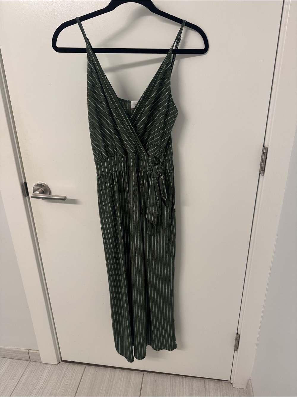 Kaileigh Olive Green Pinstripe Wrap Jumpsuit